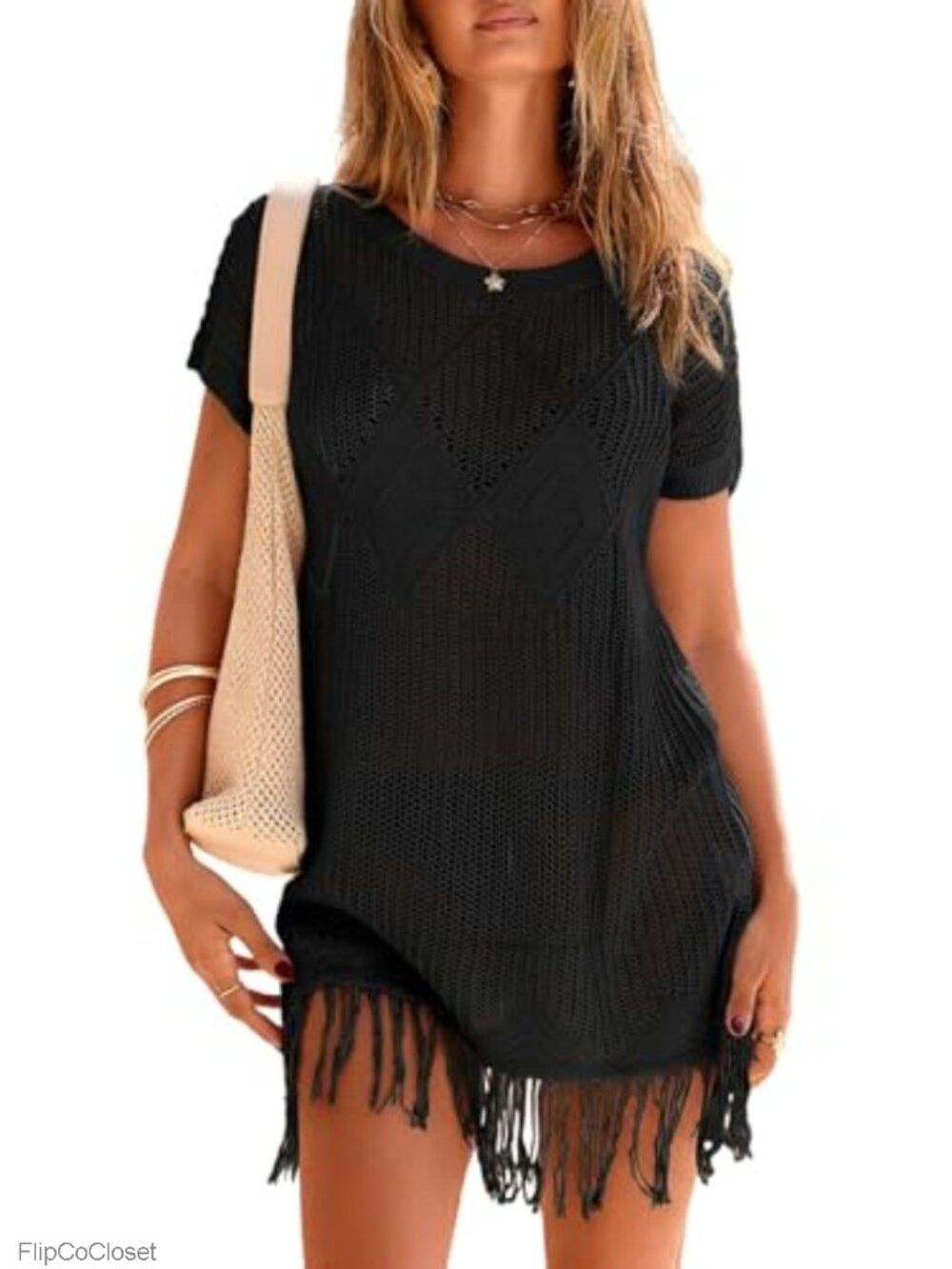 Crochet Swim Cover Up Tassel Trim Crew Neck Short Sleeve Beach Dress